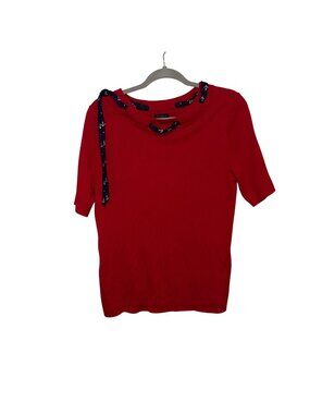 Talbots Red Short-Sleeve Knit Top With Navy Anchor Tie Neck Detail Size M